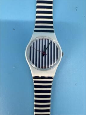 VTG 1987 Swatch Watch Navy Blue White Stripe S821 Swiss Made Working New Battery